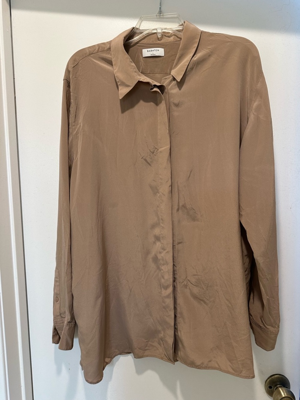 Babaton by Aritzia Academy Silk Blouse - Taupe Brown Size Large Relaxed Fit